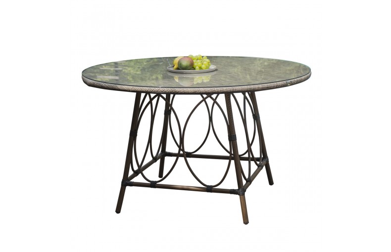 Table ronde USHUAIA diam 125 cm en aluminium marron, plateau verre et textilène - LIN 